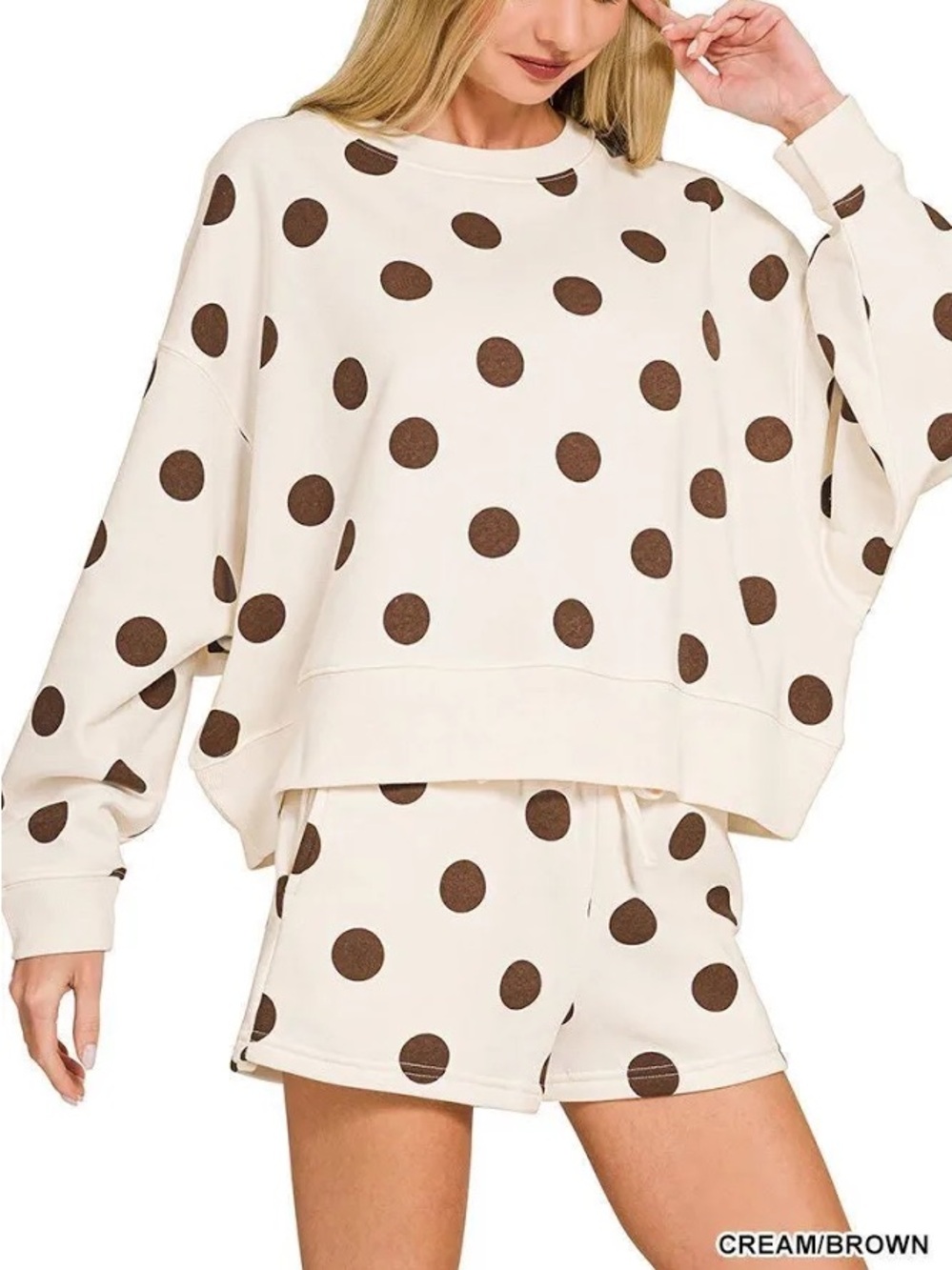 Zenana Outfitters Cream and Brown polkadot set